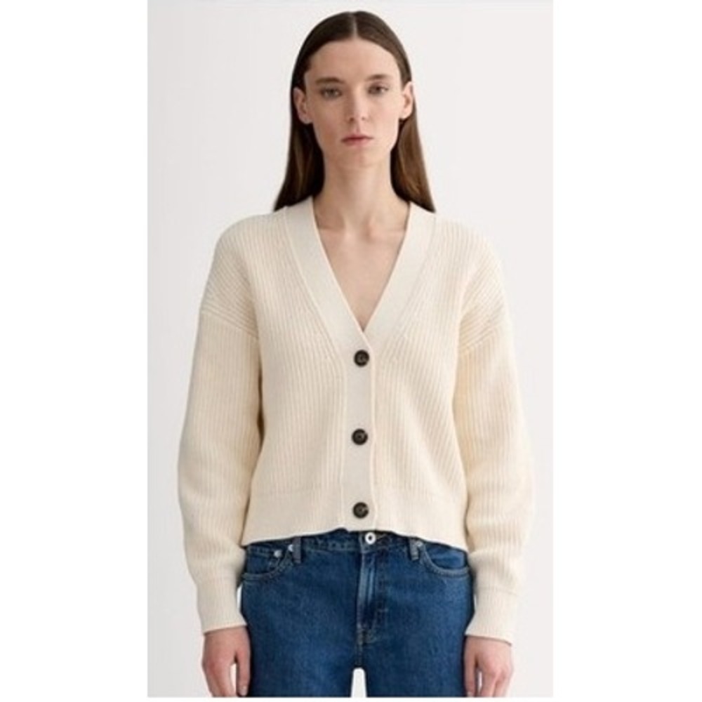 Everlane Ribbed V-Neck Cardigan Sweater Womens S Cream Knit Fall Cozy Minimalist